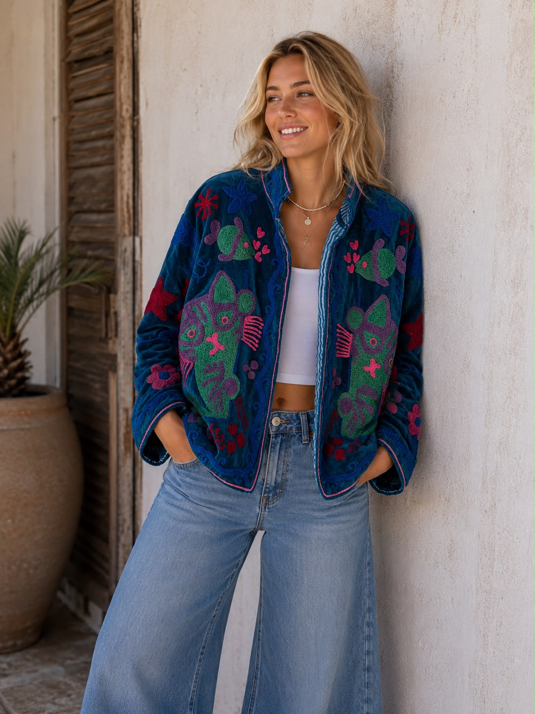 SUZANI JACKET IN PEACOCK BLUE. Cats, Butterflies, Stars & Fish