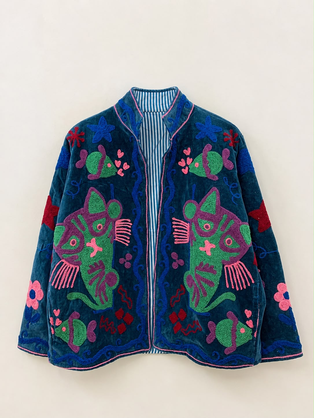 SUZANI JACKET IN PEACOCK BLUE. Cats, Butterflies, Stars & Fish