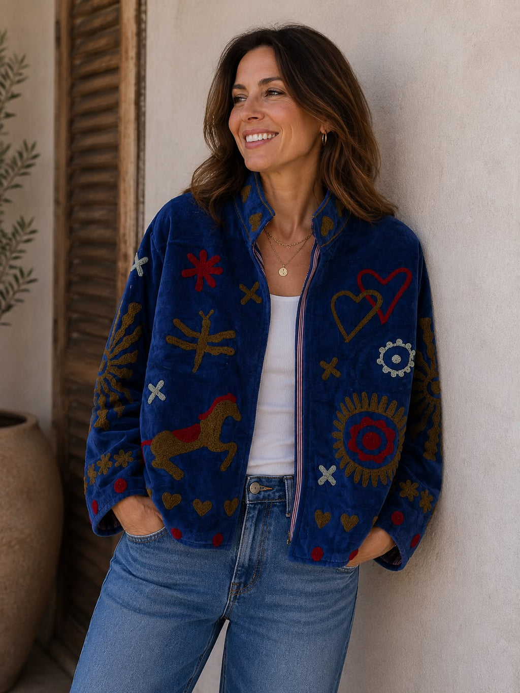 SUZANI JACKET IN AIRFORCE BLUE, hearts, horse and humming bird