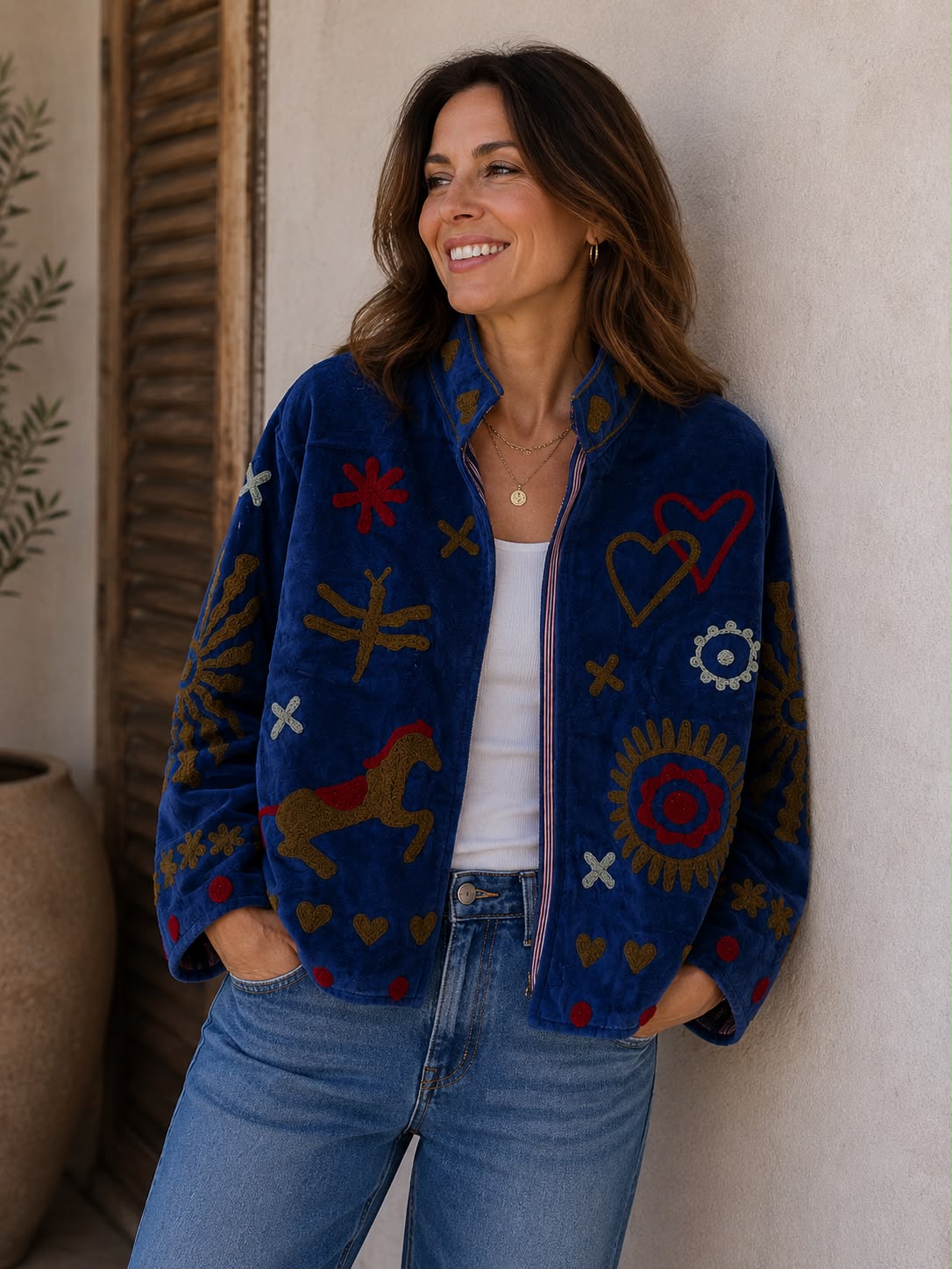 SUZANI JACKET IN AIRFORCE BLUE, hearts, horse and humming bird