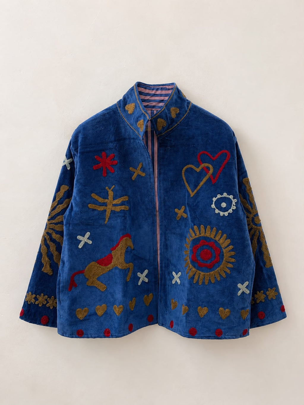 SUZANI JACKET IN AIRFORCE BLUE, hearts, horse and humming bird