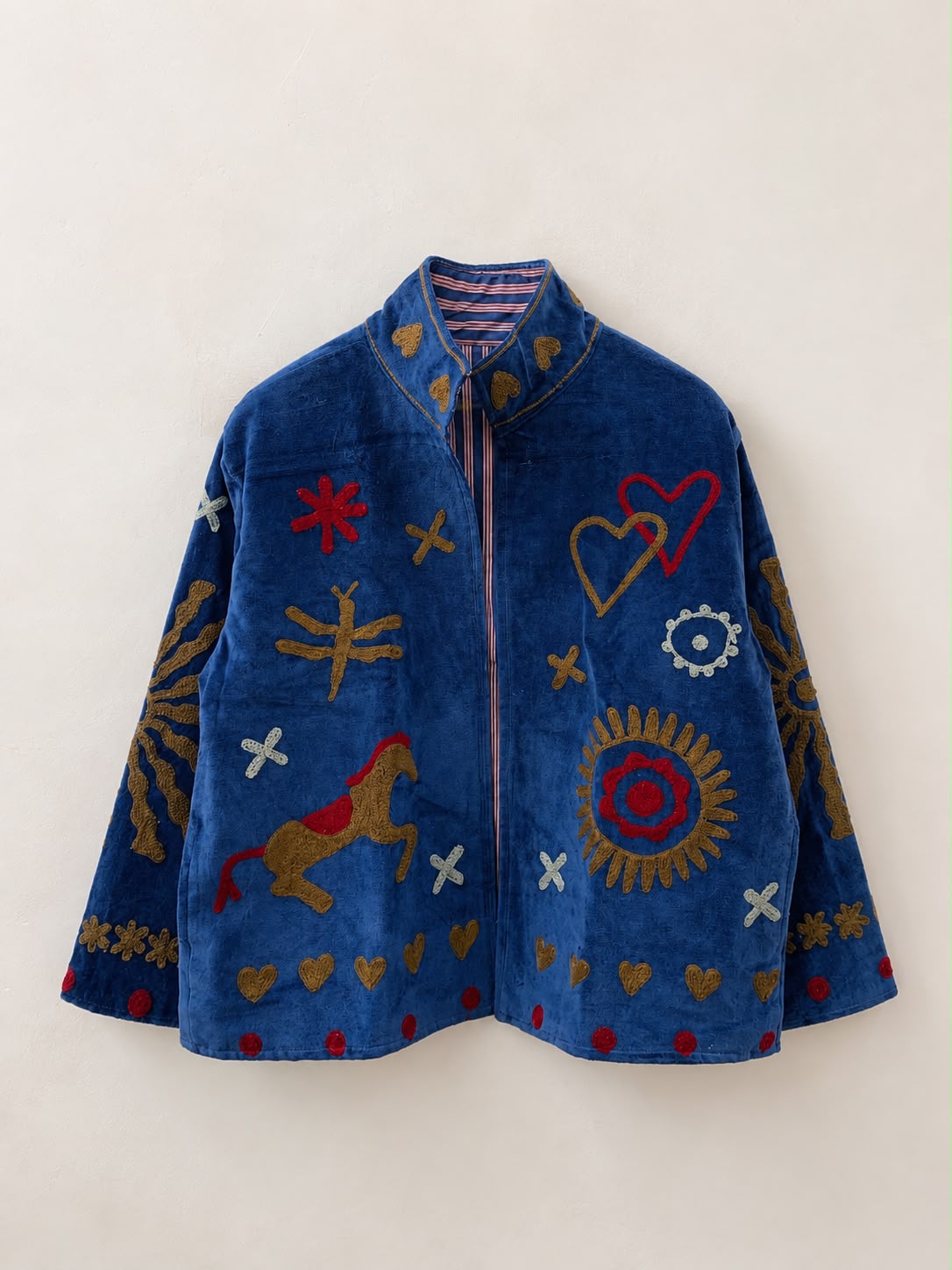 SUZANI JACKET IN AIRFORCE BLUE, hearts, horse and humming bird